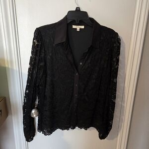 Black Lace Button Down Shirt with Notched Collar